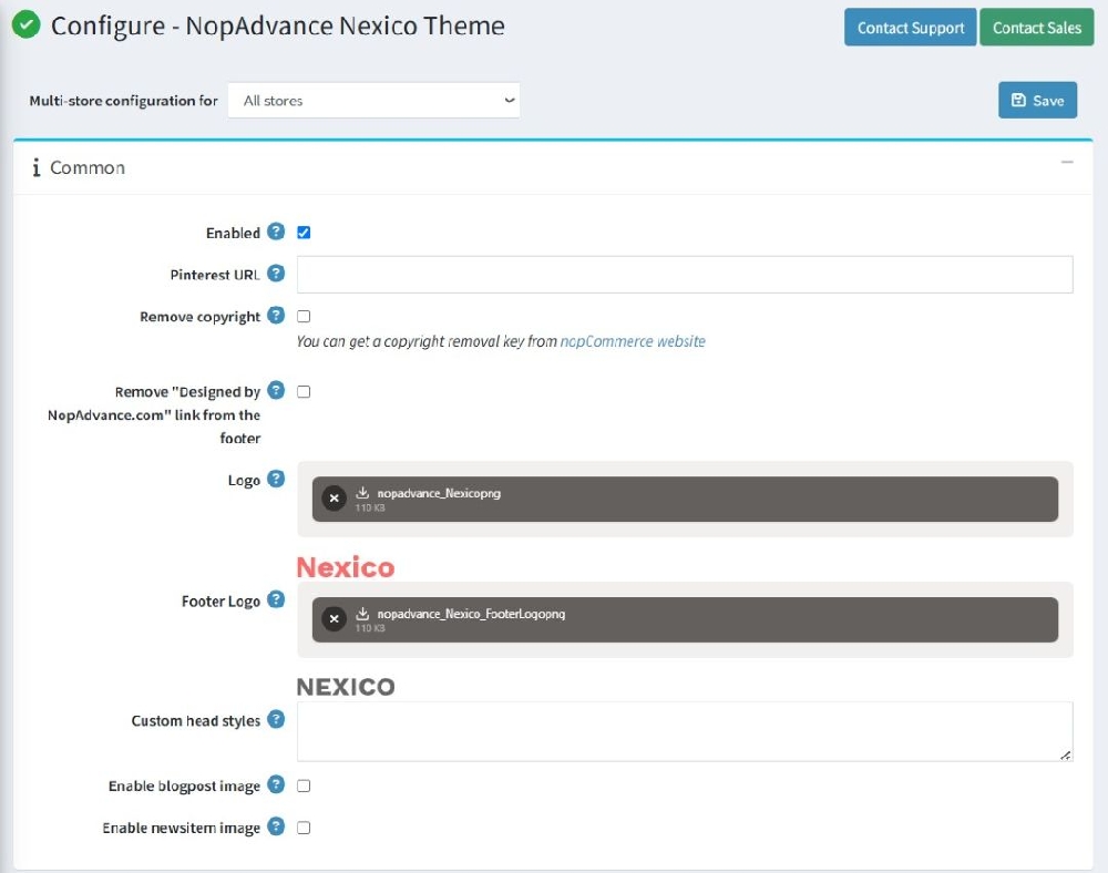Nexico theme configuration page